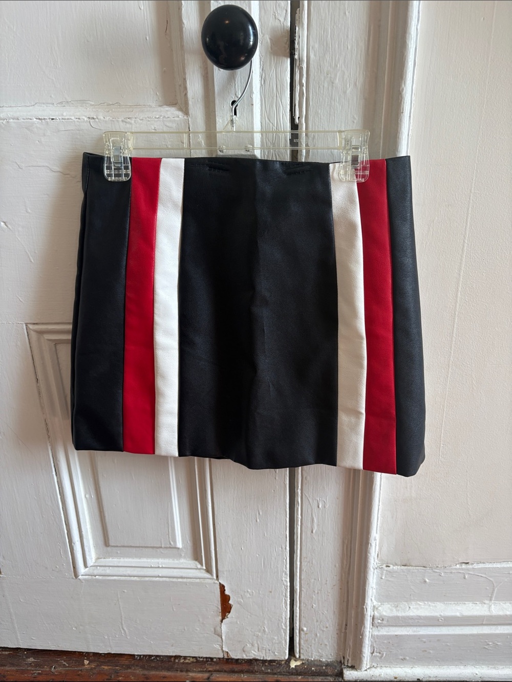 Black Leather Mini Skirt with Red and White Stripes - Women